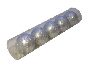 Bombki nietłukące SREBRNE paski 8cm. Tuba 5szt