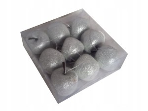 Bombki jabłka SREBRNE brokatowe 4cm | Kostka 9szt